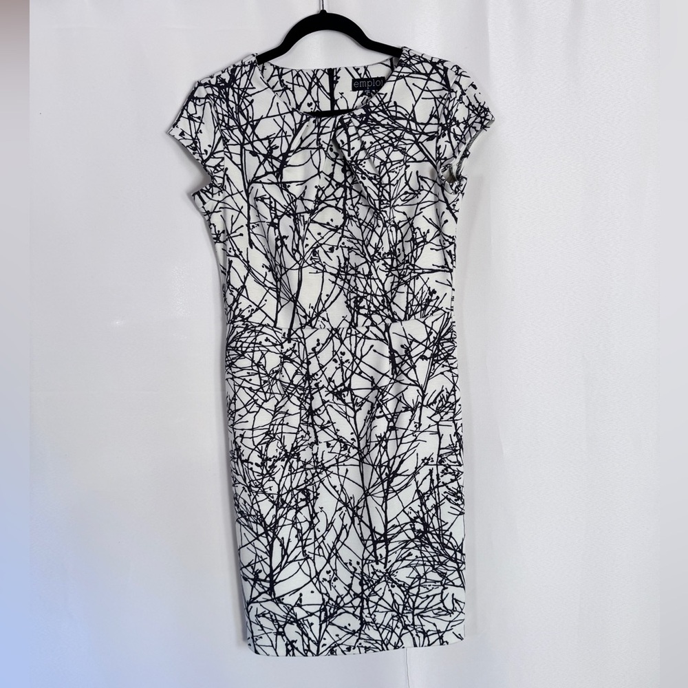 Elegant Black and White Branch Pattern Midi Dress